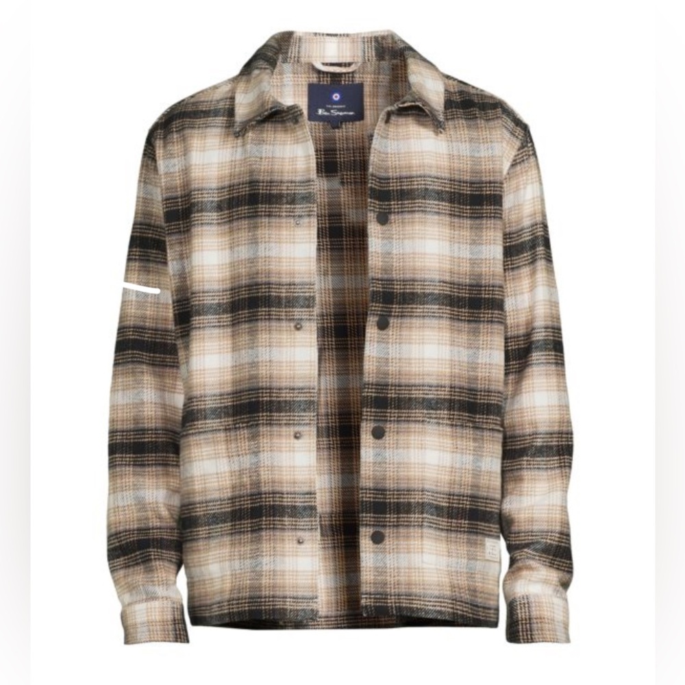 Ben Sherman Men’s Plaid Flannel Shirt Jacket Brown Beige Check Size L NEW